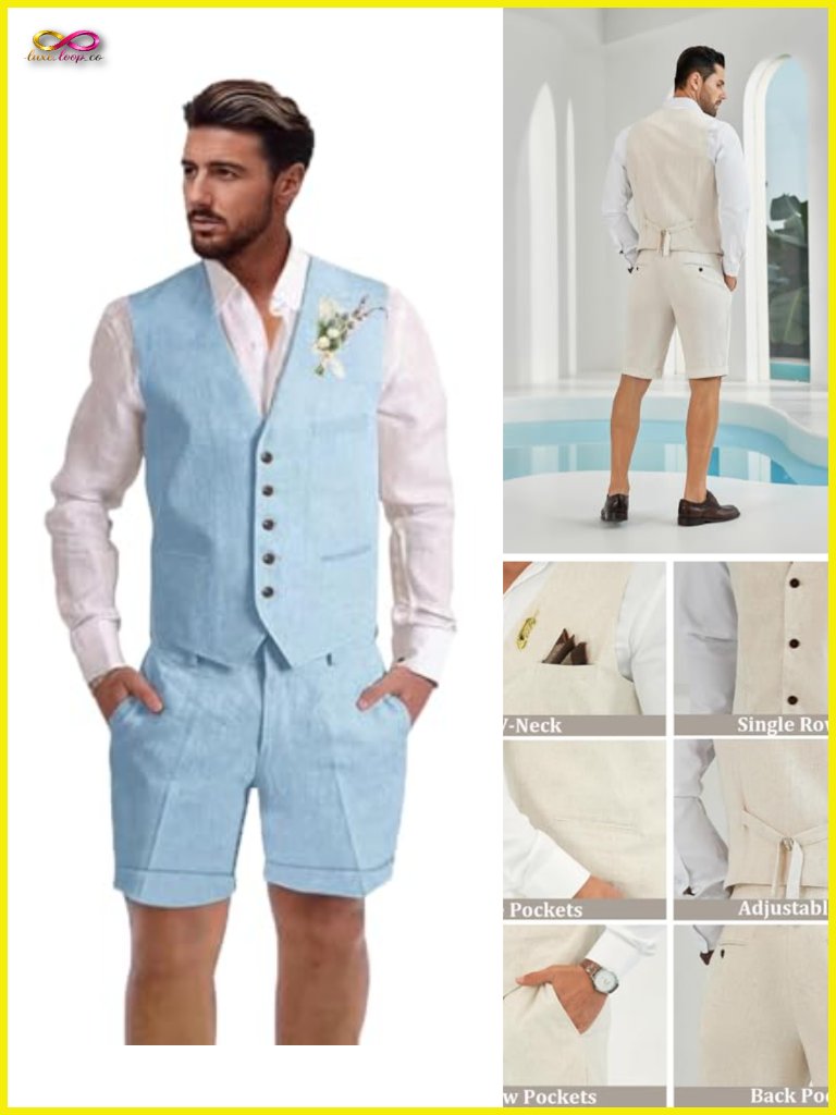 Men's Linen Suit 2 Piece Short Suit Summer Beach Wedding Linen Vest Shorts Set